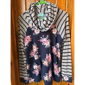 P.S. Kate Womens Navy Floral and Striped Cowl Neck Raglan Top size Small boho